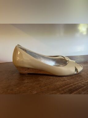 Cole Haan Nike Air Cushioned Patent Peep-Toe Wedge Pumps in Nude [7]